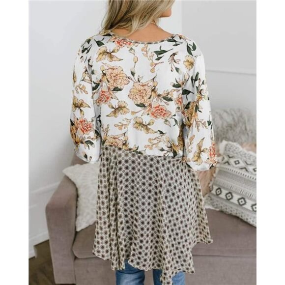 White Floral Kimono Cardigan 3/4 Ruffle Sleeve Flowy Boho Tie Loose Cover Up - Picture 3 of 6